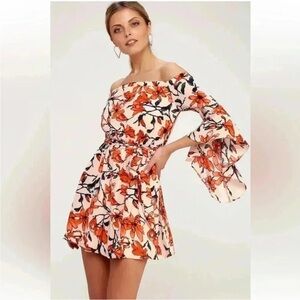 Lulu’s Blushing Blooms Nude Floral Print Off The Shoulder Dress S